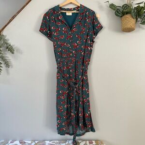 Maeve Anthropologie Dress Fairycore Fox Animal Print Button Front Belted Midi 18